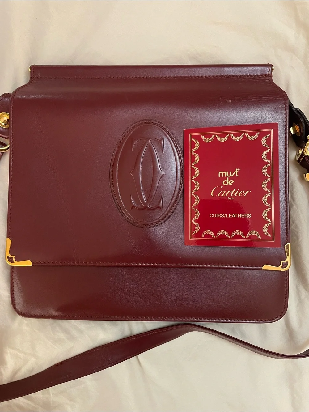Vintage Cartier Burgundy Leather Crossbody Shoulder Bag Auth Card & Dust Bag - Picture 10 of 14